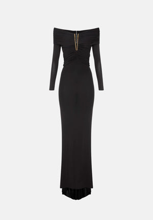 ELISABETTA FRANCHI Abito lungo nero per donna con raffinato scollo omerale, maniche lunghe e prezioso dettaglio gioiello. ABR2667E2 110 ELISABETTA FRANCHI 