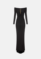 ELISABETTA FRANCHI Abito lungo nero per donna con raffinato scollo omerale, maniche lunghe e prezioso dettaglio gioiello. ABR2667E2 110 ELISABETTA FRANCHI 