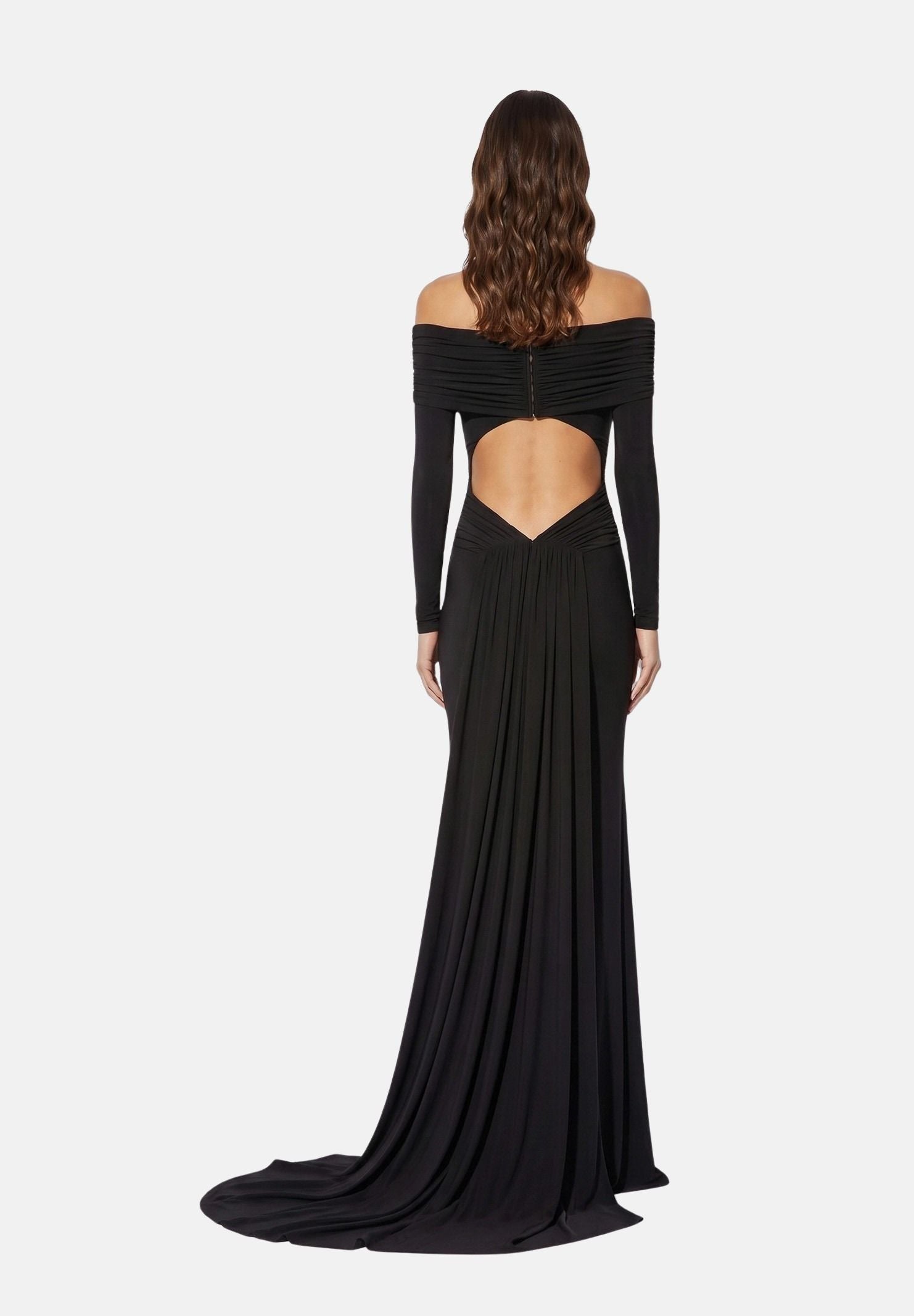ELISABETTA FRANCHI Abito lungo nero per donna con raffinato scollo omerale, maniche lunghe e prezioso dettaglio gioiello. ABR2667E2 110 ELISABETTA FRANCHI 