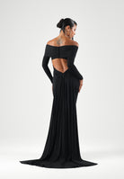 ELISABETTA FRANCHI Abito lungo nero per donna con raffinato scollo omerale, maniche lunghe e prezioso dettaglio gioiello. ABR2667E2 110 ELISABETTA FRANCHI 
