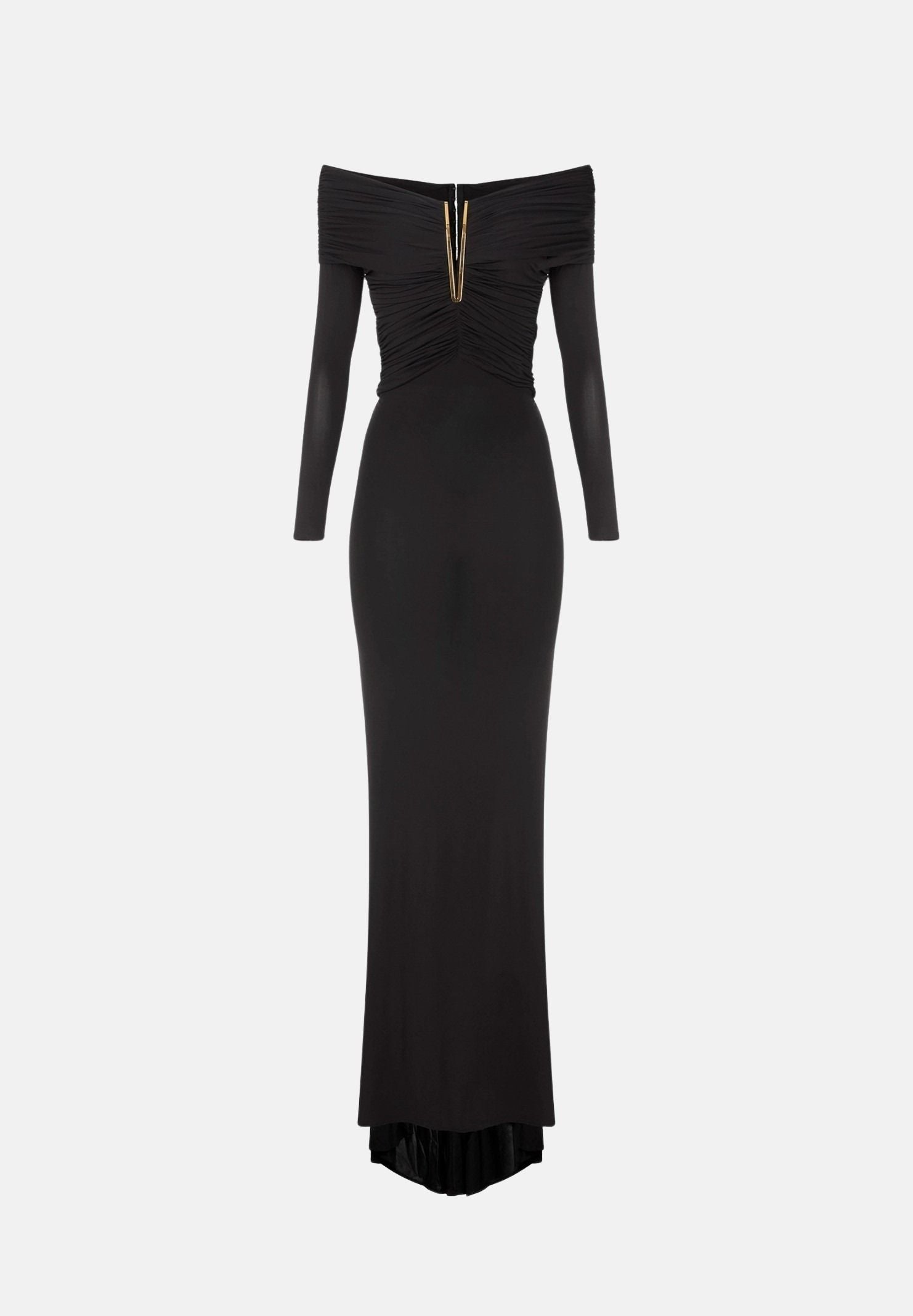 ELISABETTA FRANCHI Abito lungo nero per donna con raffinato scollo omerale, maniche lunghe e prezioso dettaglio gioiello. ABR2667E2 110 ELISABETTA FRANCHI 