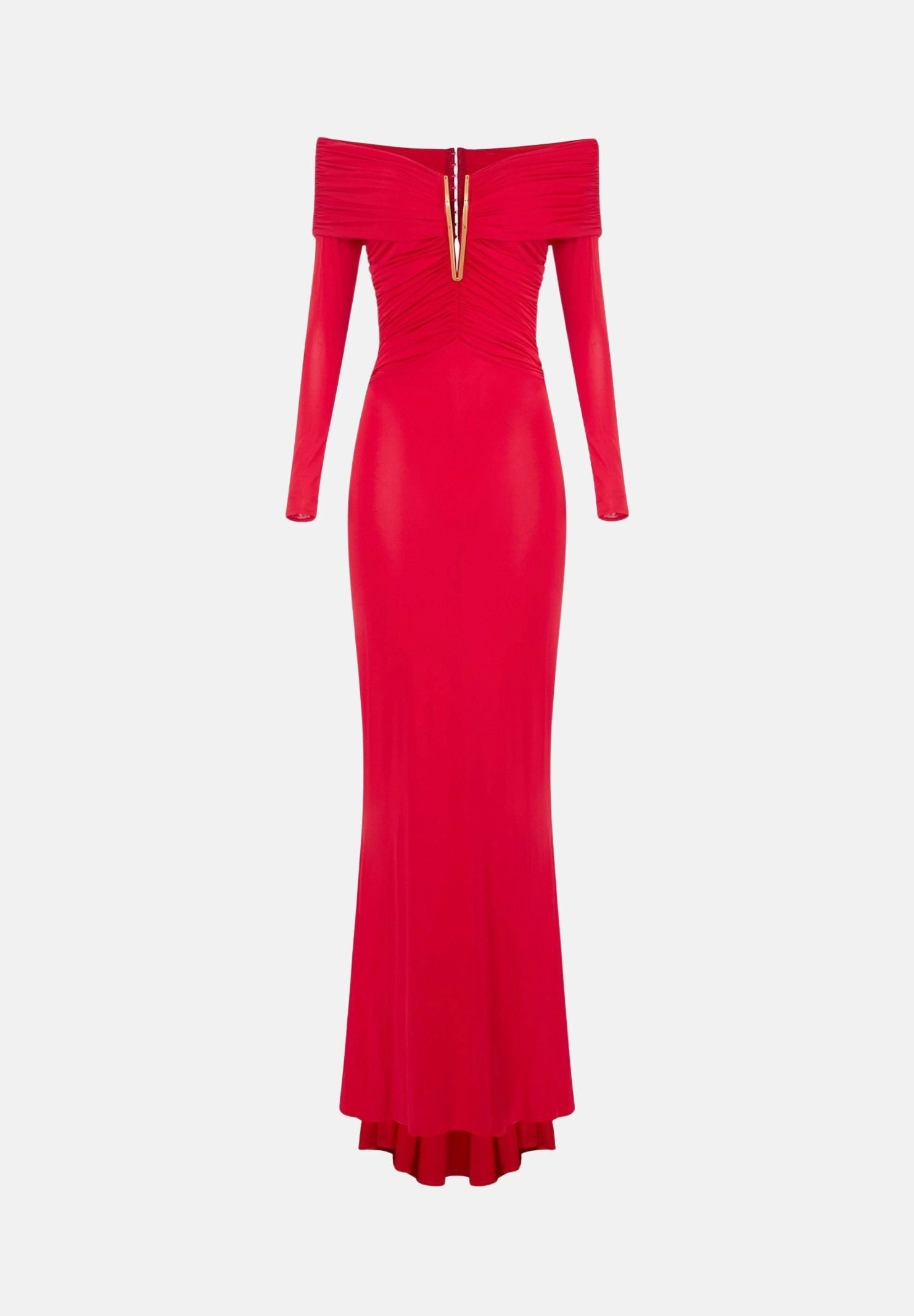 ELISABETTA FRANCHI Abito red passion  rosso per donna con raffinato scollo omerale, maniche lunghe e prezioso dettaglio gioiello. ABR2667E2 CG5 ELISABETTA FRANCHI 