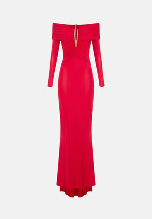 ELISABETTA FRANCHI Abito red passion  rosso per donna con raffinato scollo omerale, maniche lunghe e prezioso dettaglio gioiello. ABR2667E2 CG5 ELISABETTA FRANCHI 