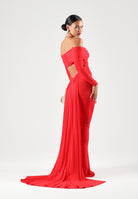 ELISABETTA FRANCHI Abito red passion  rosso per donna con raffinato scollo omerale, maniche lunghe e prezioso dettaglio gioiello. ABR2667E2 CG5 ELISABETTA FRANCHI 