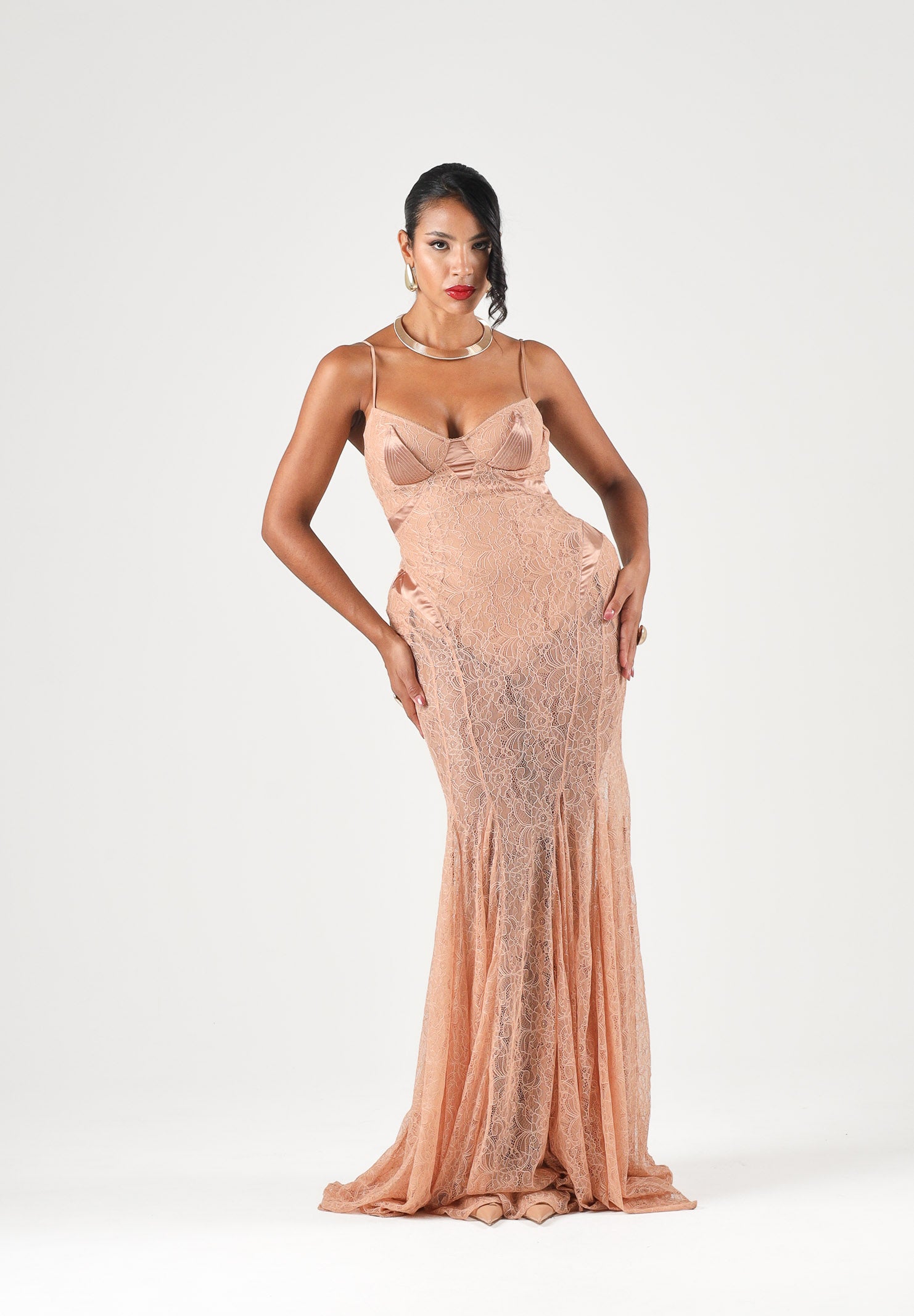 ELISABETTA FRANCHI Abito lungo pelle-beige rosato da donna con scollo halter ABR2767E2 FK4 ELISABETTA FRANCHI 
