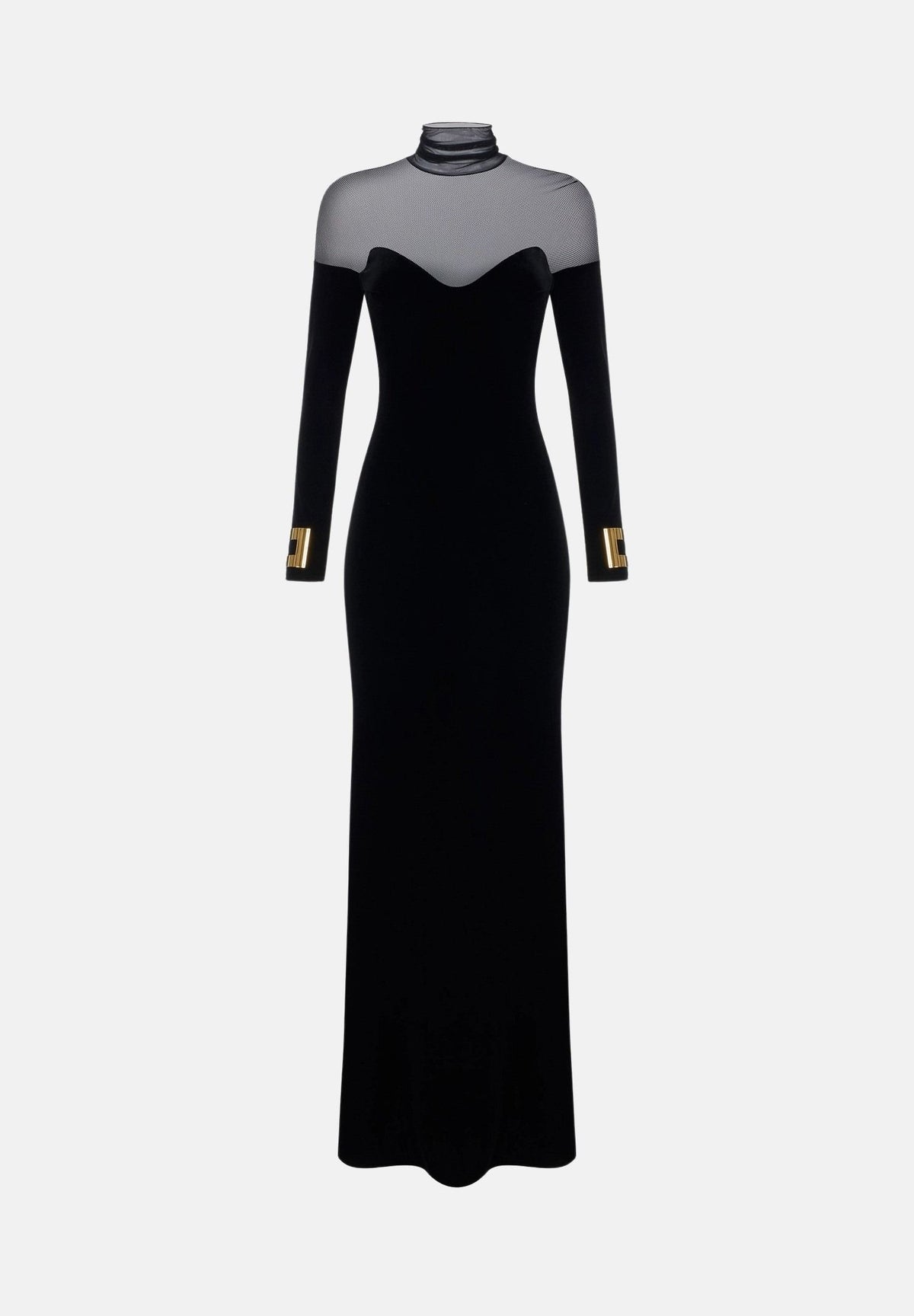 ELISABETTA FRANCHI Abito lungo nero per donna con inserti trasparenti in tulle e dettagli preziosi sui polsi. ABR2967E2 110 ELISABETTA FRANCHI 