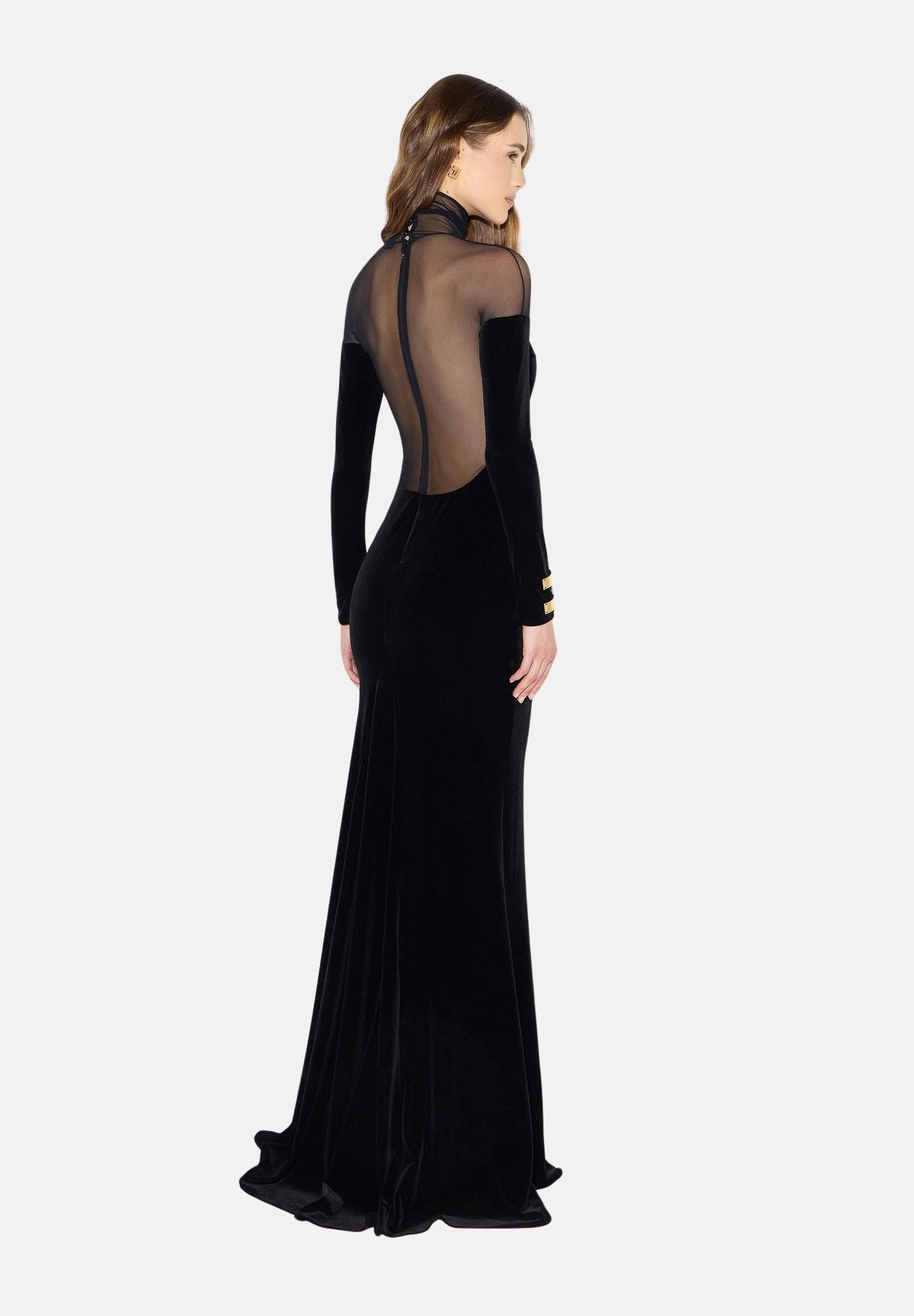 ELISABETTA FRANCHI Abito lungo nero per donna con inserti trasparenti in tulle e dettagli preziosi sui polsi. ABR2967E2 110 ELISABETTA FRANCHI 