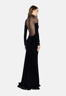 ELISABETTA FRANCHI Abito lungo nero per donna con inserti trasparenti in tulle e dettagli preziosi sui polsi. ABR2967E2 110 ELISABETTA FRANCHI 