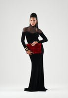 ELISABETTA FRANCHI Abito lungo nero per donna con inserti trasparenti in tulle e dettagli preziosi sui polsi. ABR2967E2 110 ELISABETTA FRANCHI 