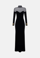 ELISABETTA FRANCHI Abito lungo nero per donna con inserti trasparenti in tulle e dettagli preziosi sui polsi. ABR2967E2 110 ELISABETTA FRANCHI 
