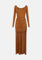 ELISABETTA FRANCHI Abito RED CARPET lungo sigaro-marrone da donna con drappeggio e scenografico pannello effetto coda<BR/> ABR3567E2 FK3 ELISABETTA FRANCHI 