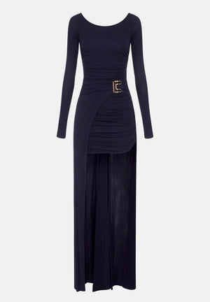 ELISABETTA FRANCHI Abito RED CARPET lungo blu notte da donna <BR/>con drappeggio e scenografico pannello effetto coda ABR3567E2 H88 ELISABETTA FRANCHI 