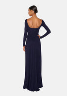 ELISABETTA FRANCHI Abito RED CARPET lungo blu notte da donna <BR/>con drappeggio e scenografico pannello effetto coda ABR3567E2 H88 ELISABETTA FRANCHI 