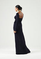 ELISABETTA FRANCHI Abito RED CARPET lungo blu notte da donna <BR/>con drappeggio e scenografico pannello effetto coda ABR3567E2 H88 ELISABETTA FRANCHI 