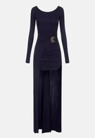 ELISABETTA FRANCHI Abito RED CARPET lungo blu notte da donna <BR/>con drappeggio e scenografico pannello effetto coda ABR3567E2 H88 ELISABETTA FRANCHI 