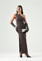 ELISABETTA FRANCHI Abito RED CARPET in maglia dark chocolate-marrone da donna con design monospalla <BR/> AM07B66E2 EV9 ELISABETTA FRANCHI 