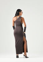 ELISABETTA FRANCHI Abito RED CARPET in maglia dark chocolate-marrone da donna con design monospalla <BR/> AM07B66E2 EV9 ELISABETTA FRANCHI 