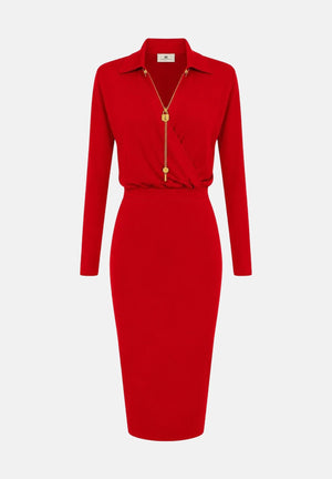 ELISABETTA FRANCHI Abito midi in filato di viscosa red passion, rosso, da donna con catena gioiello<BR/> AM19S66E2 CG5 ELISABETTA FRANCHI 