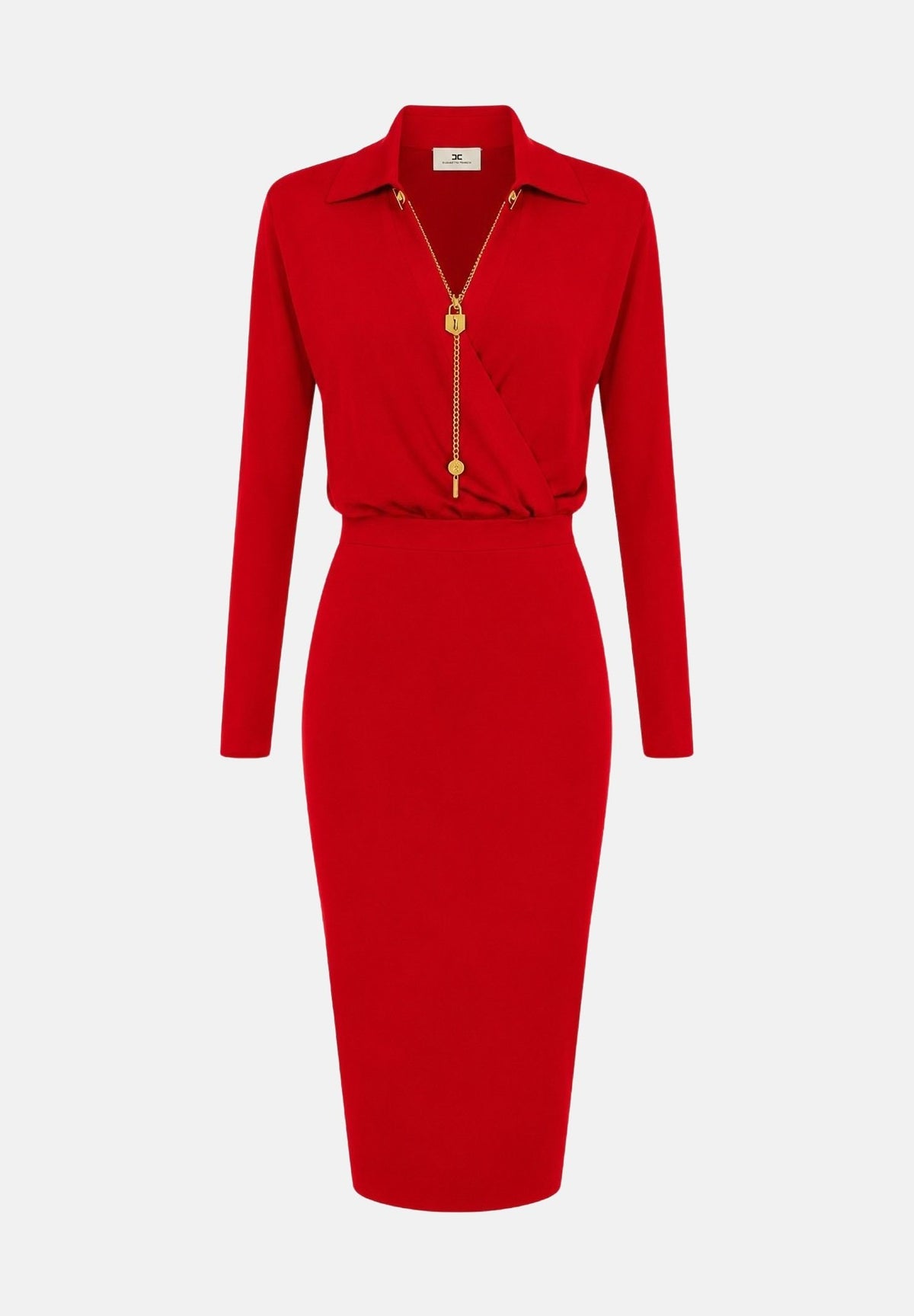 ELISABETTA FRANCHI Abito midi in filato di viscosa red passion, rosso, da donna con catena gioiello<BR/> AM19S66E2 CG5 ELISABETTA FRANCHI 