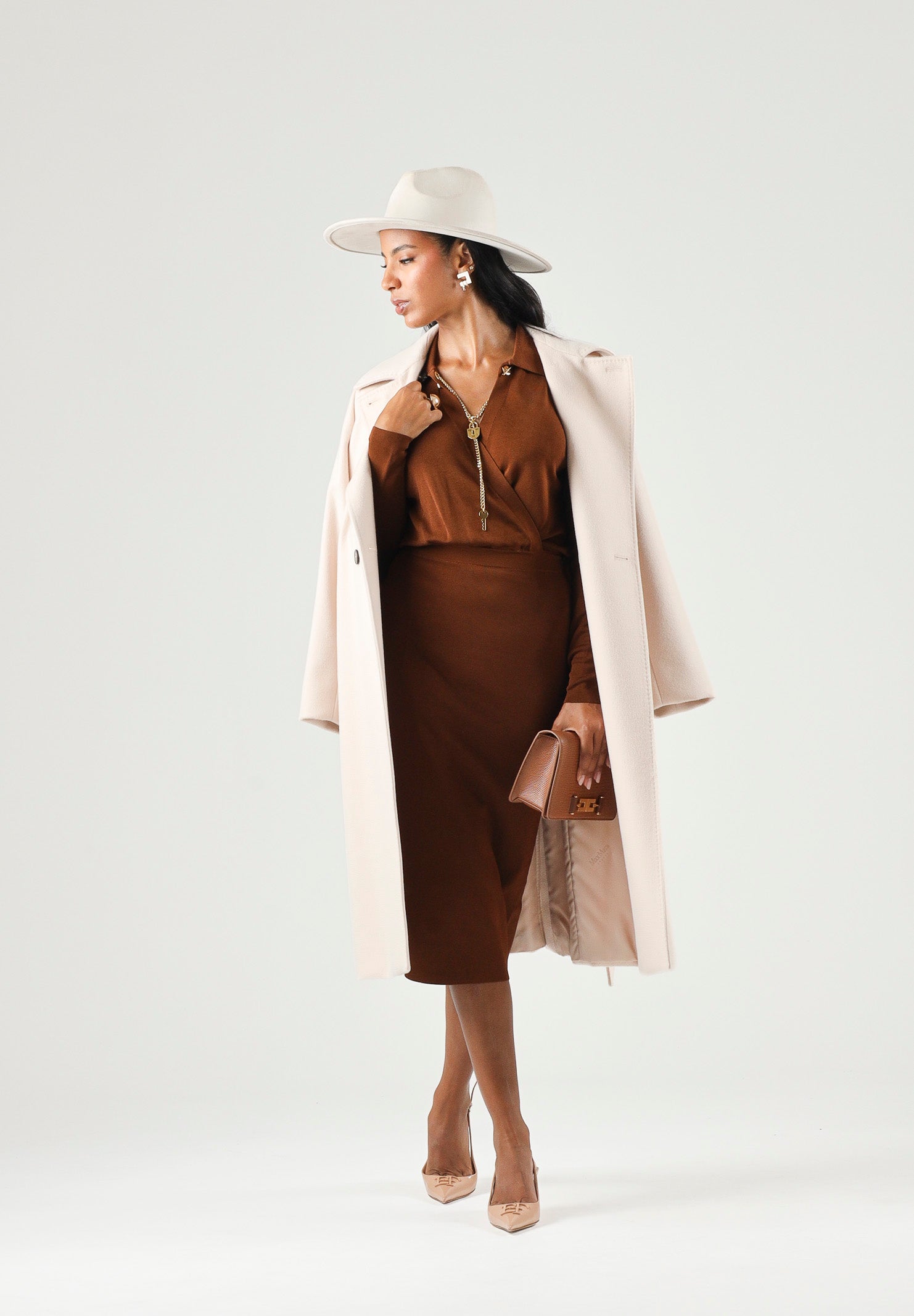 ELISABETTA FRANCHI Abito midi in viscosa sigaro-marrone da donna con catena gioiello<BR/> AM19S66E2 FK3 ELISABETTA FRANCHI 
