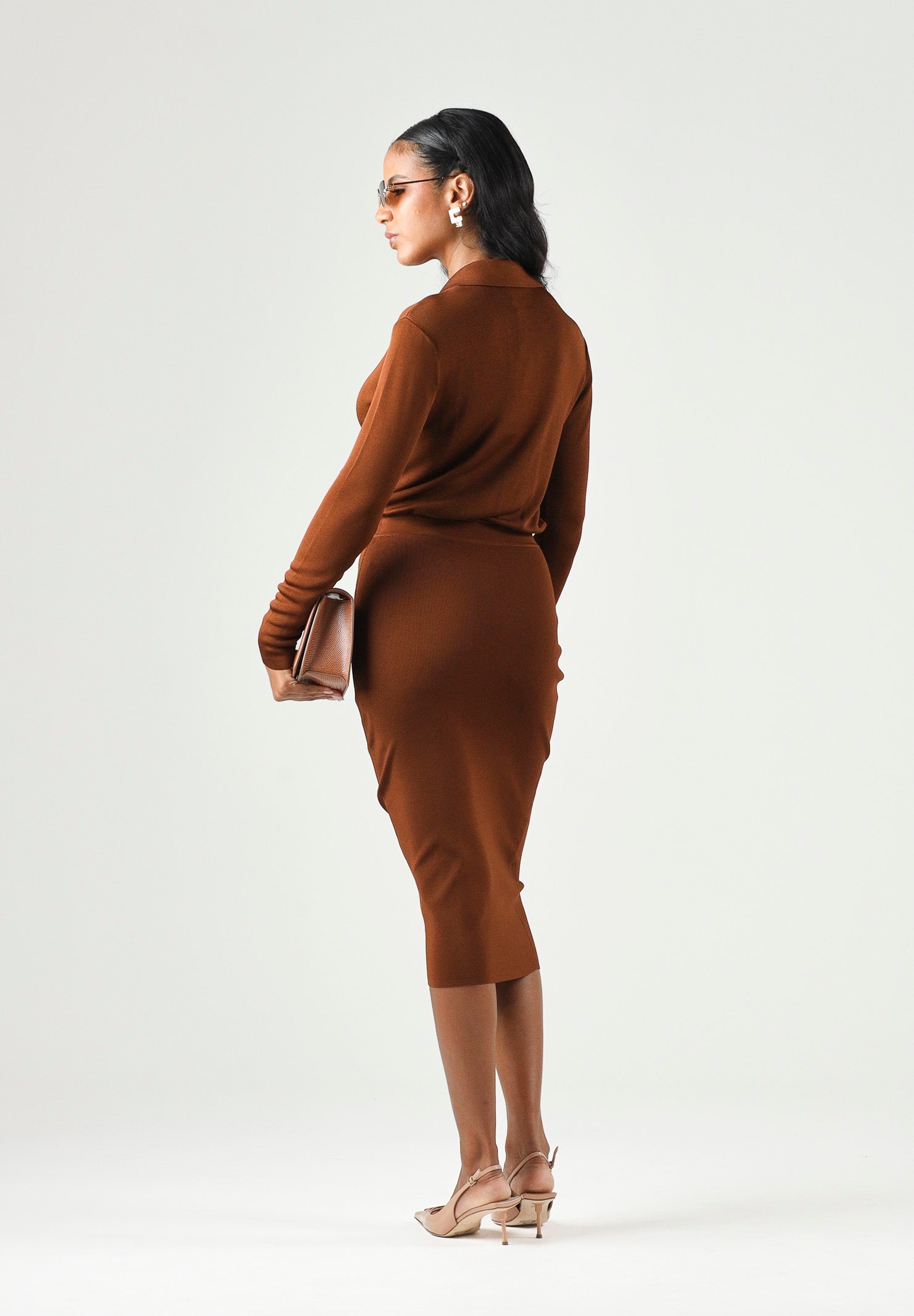 ELISABETTA FRANCHI Abito midi in viscosa sigaro-marrone da donna con catena gioiello<BR/> AM19S66E2 FK3 ELISABETTA FRANCHI 