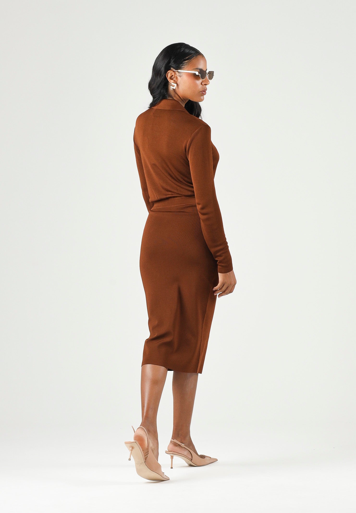 ELISABETTA FRANCHI Abito midi in viscosa sigaro-marrone da donna con catena gioiello<BR/> AM19S66E2 FK3 ELISABETTA FRANCHI 