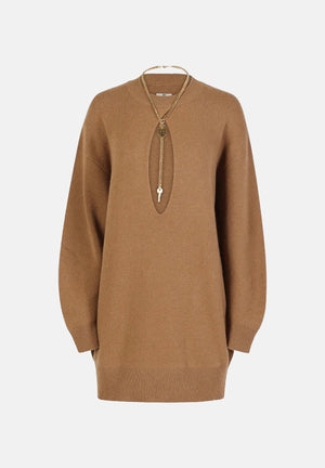 ELISABETTA FRANCHI Mini abito in maglia daino marrone da donna con dettaglio cut-out in vita.<BR/> AM23T66E2 AI6 ELISABETTA FRANCHI 