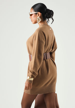 ELISABETTA FRANCHI Mini abito in maglia daino marrone da donna con dettaglio cut-out in vita.<BR/> AM23T66E2 AI6 ELISABETTA FRANCHI 