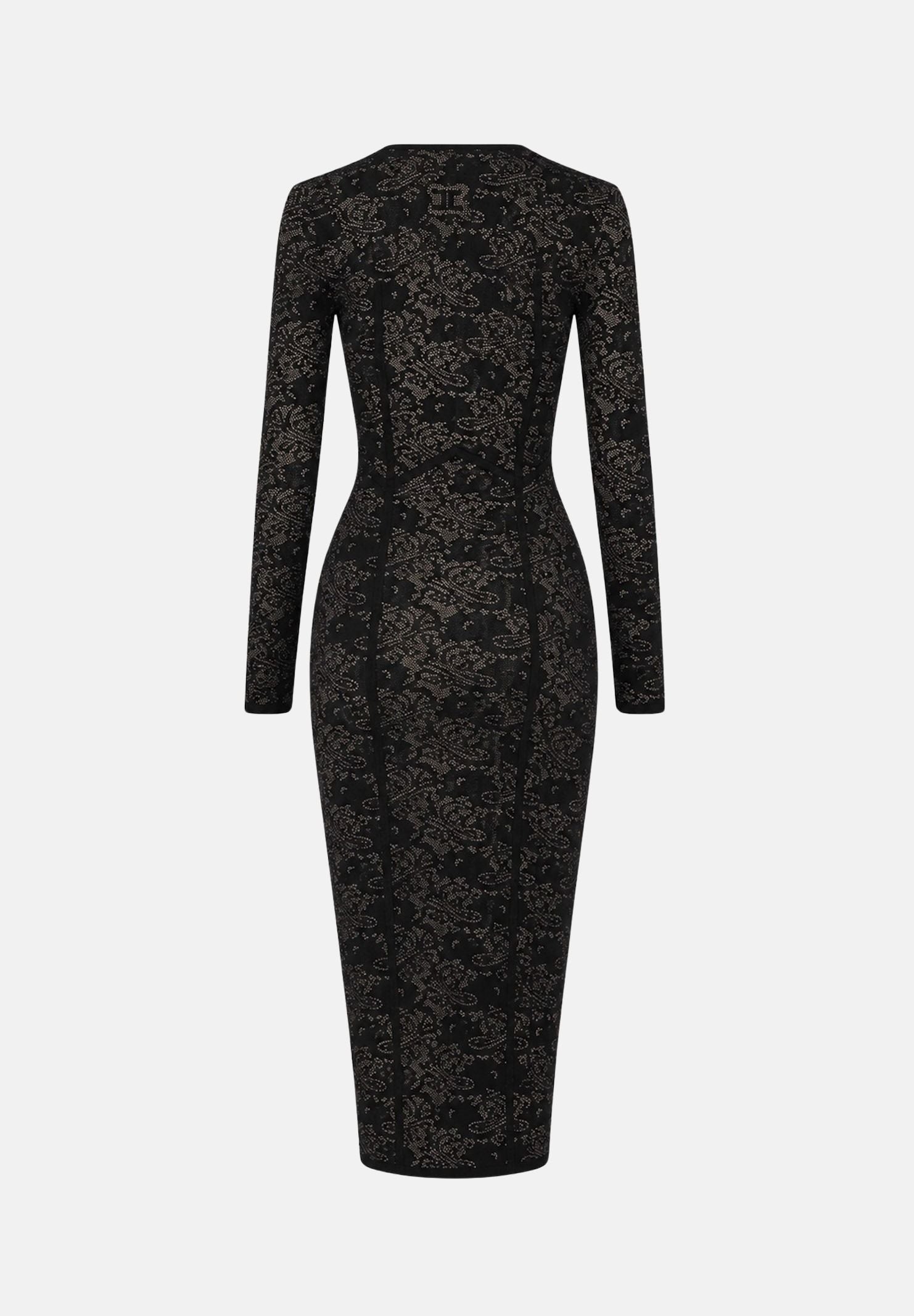 ELISABETTA FRANCHI Abito midi in maglia nero-pelle da donna con lavorazione floreale<BR/> AM26Q66E2 FR9 ELISABETTA FRANCHI 