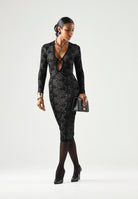ELISABETTA FRANCHI Abito midi in maglia nero-pelle da donna con lavorazione floreale<BR/> AM26Q66E2 FR9 ELISABETTA FRANCHI 