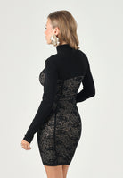 ELISABETTA FRANCHI Abito JACQUARD nero pelle da donna con motivo floreale e dettagli semitrasparenti. AM27Q66E2 FR9 ELISABETTA FRANCHI 