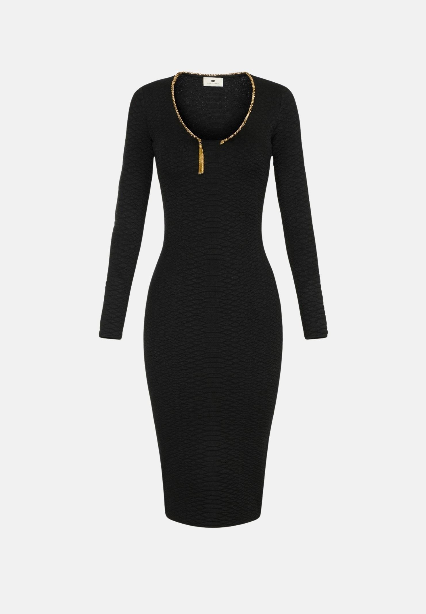 ELISABETTA FRANCHI Abito midi nero per donna con scollo rotondo e zip decorativa dorata sul petto. AM30S67E2 110 ELISABETTA FRANCHI 