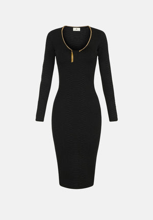 ELISABETTA FRANCHI Abito midi nero per donna con scollo rotondo e zip decorativa dorata sul petto. AM30S67E2 110 ELISABETTA FRANCHI 