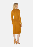 ELISABETTA FRANCHI Abito midi ambra-giallo ocra per donna con scollo rotondo e zip decorativa dorata sul petto. AM30S67E2 940 ELISABETTA FRANCHI 