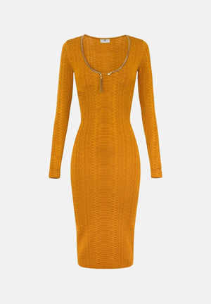 ELISABETTA FRANCHI Abito midi ambra-giallo ocra per donna con scollo rotondo e zip decorativa dorata sul petto. AM30S67E2 940 ELISABETTA FRANCHI 