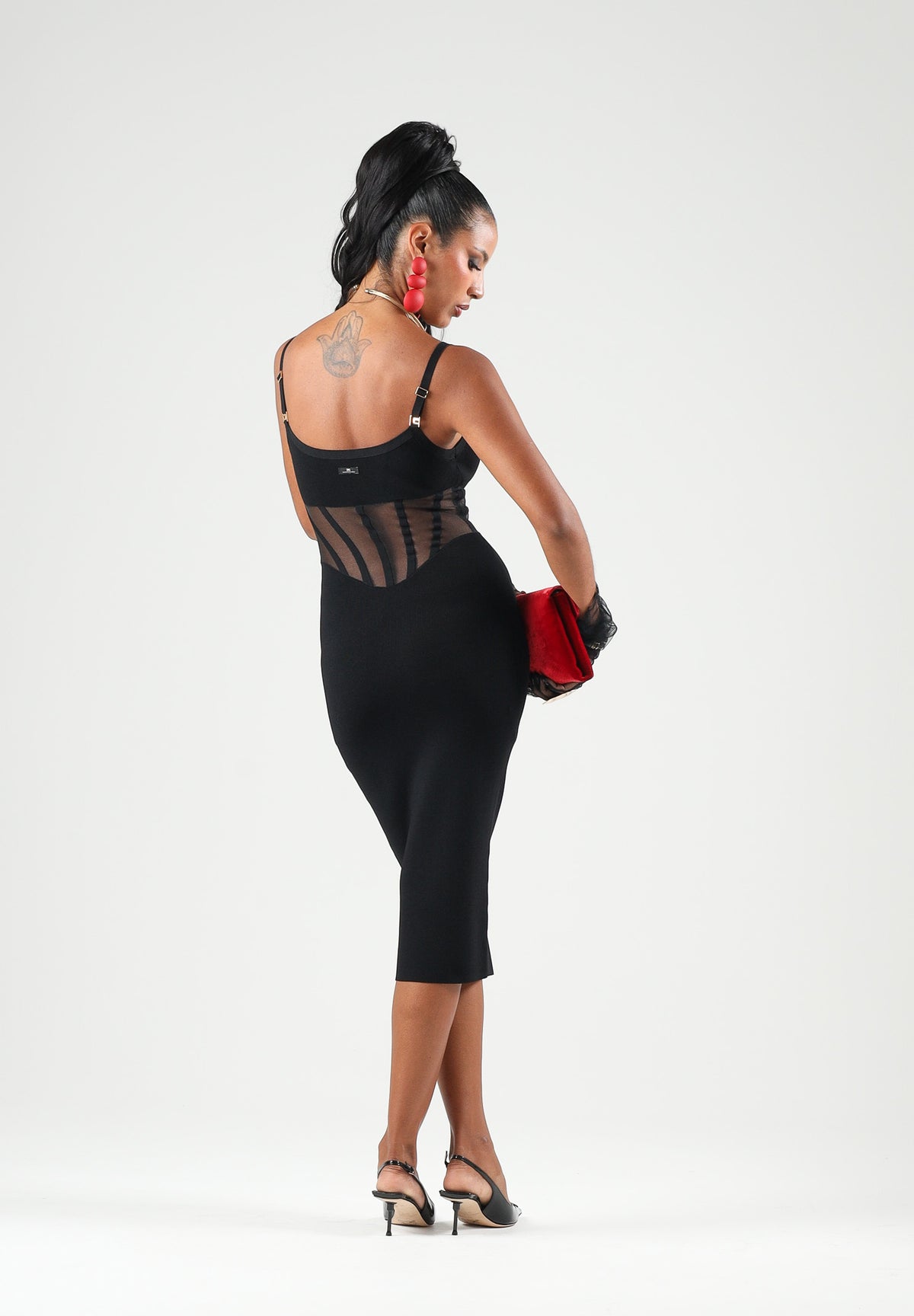 ELISABETTA FRANCHI Abito midi nero per donna con corsetto trasparente e spalline sottili. AM51S67E2 110 ELISABETTA FRANCHI 