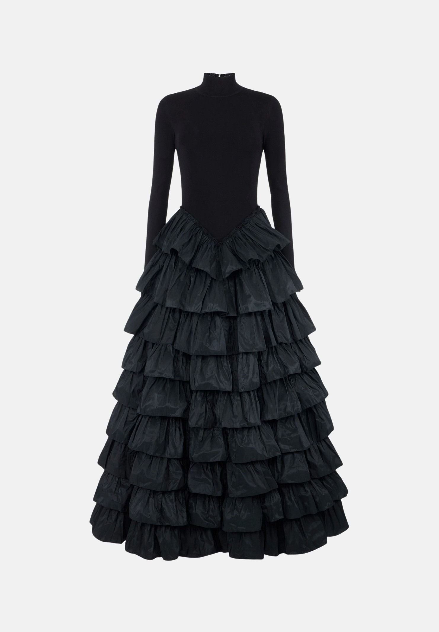 ELISABETTA FRANCHI Abito lungoo nero per donna con collo alto e gonna voluminosa a balze. AM56S67E2 110 ELISABETTA FRANCHI 