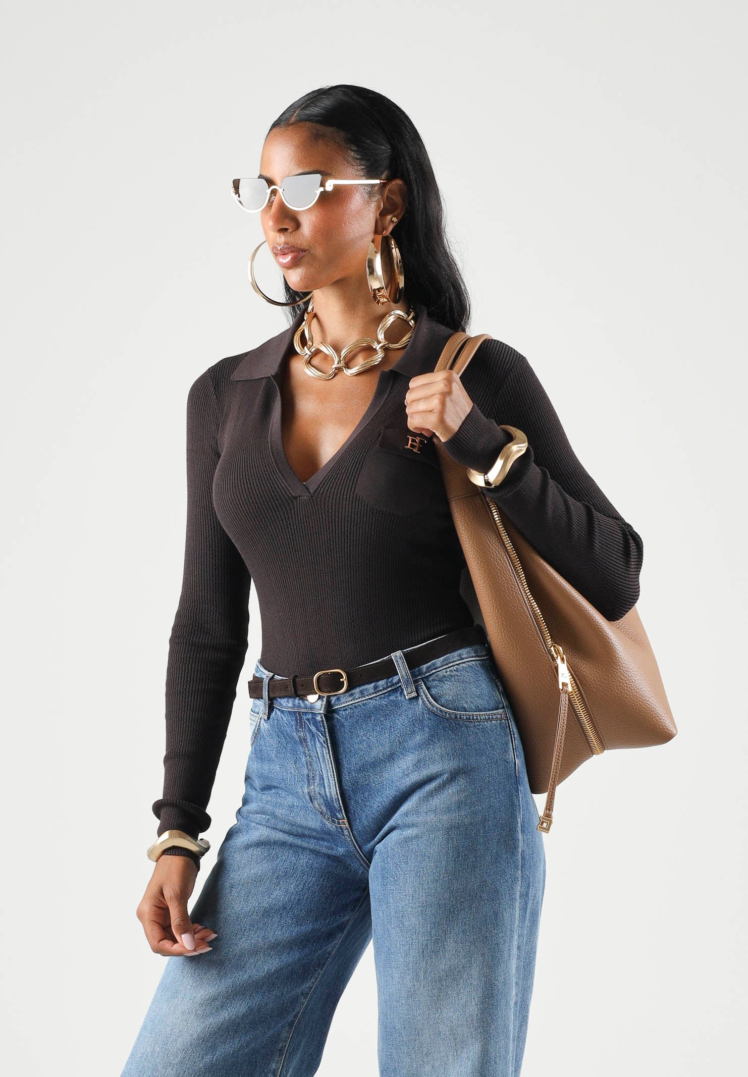 ELISABETTA FRANCHI Body OPENWORK in maglia dark choccolate-marrone da donna coon lavorazione a coste<BR/> BK02B66E2 EV9 ELISABETTA FRANCHI 