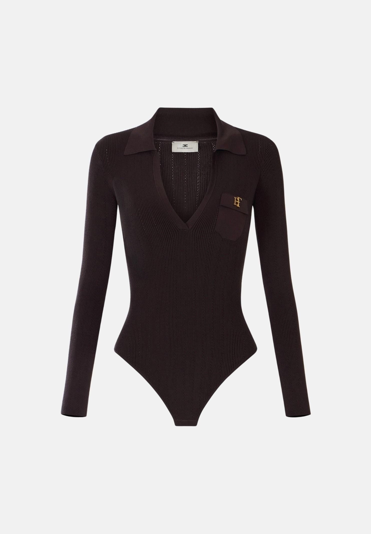 ELISABETTA FRANCHI Body OPENWORK in maglia dark choccolate-marrone da donna coon lavorazione a coste<BR/> BK02B66E2 EV9 ELISABETTA FRANCHI 