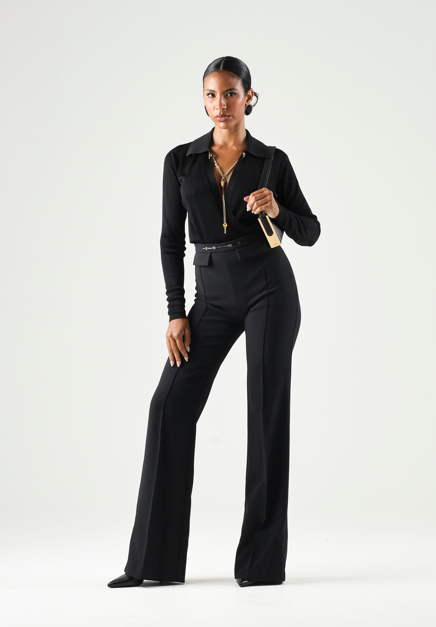 ELISABETTA FRANCHI Body in filato di viscosa nero da donna con catena gioielo<BR/> BK03S66E2 110 ELISABETTA FRANCHI 