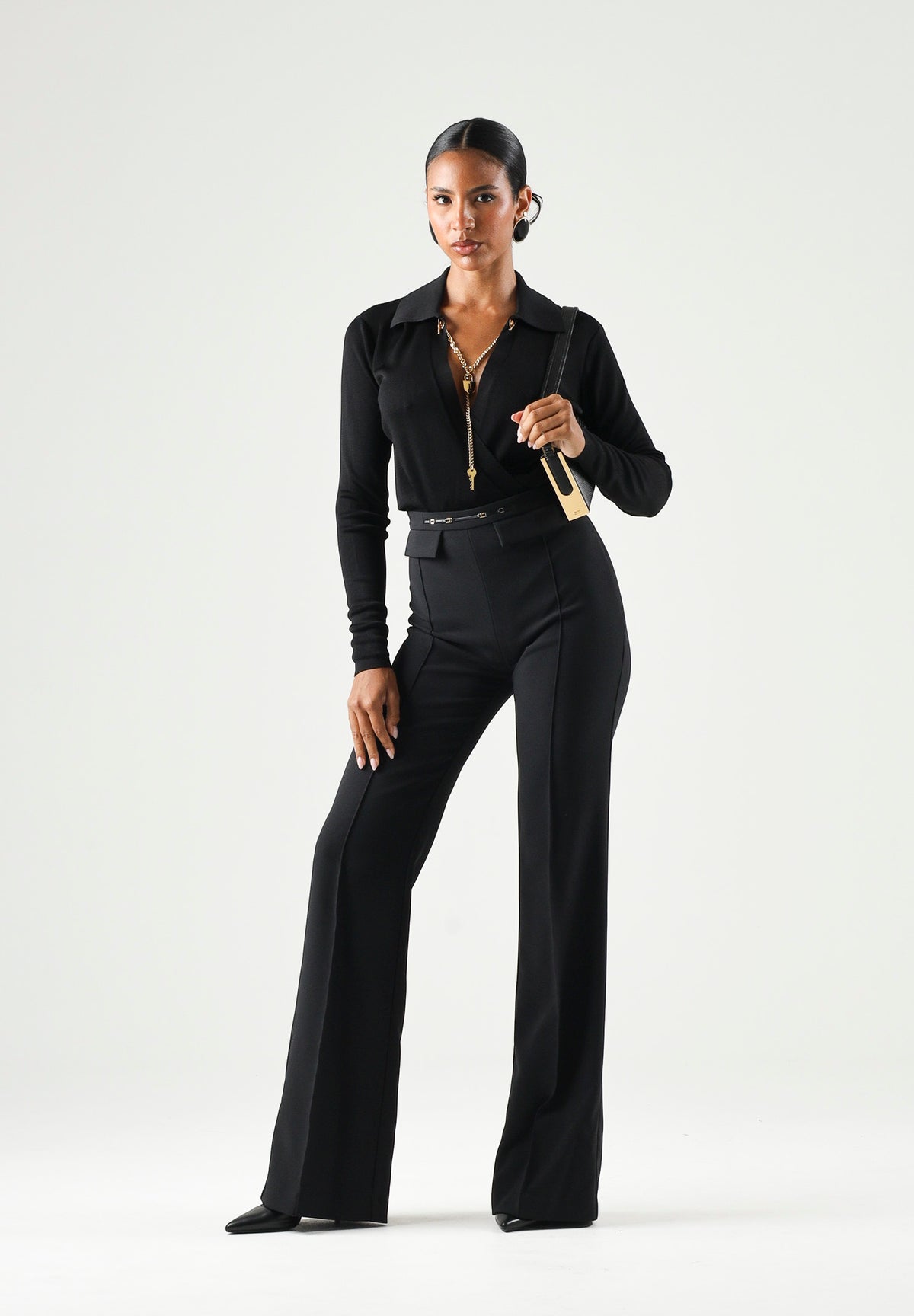 ELISABETTA FRANCHI Body in filato di viscosa nero da donna con catena gioielo<BR/> BK03S66E2 110 ELISABETTA FRANCHI 