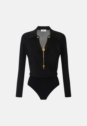 ELISABETTA FRANCHI Body in filato di viscosa nero da donna con catena gioielo<BR/> BK03S66E2 110 ELISABETTA FRANCHI 