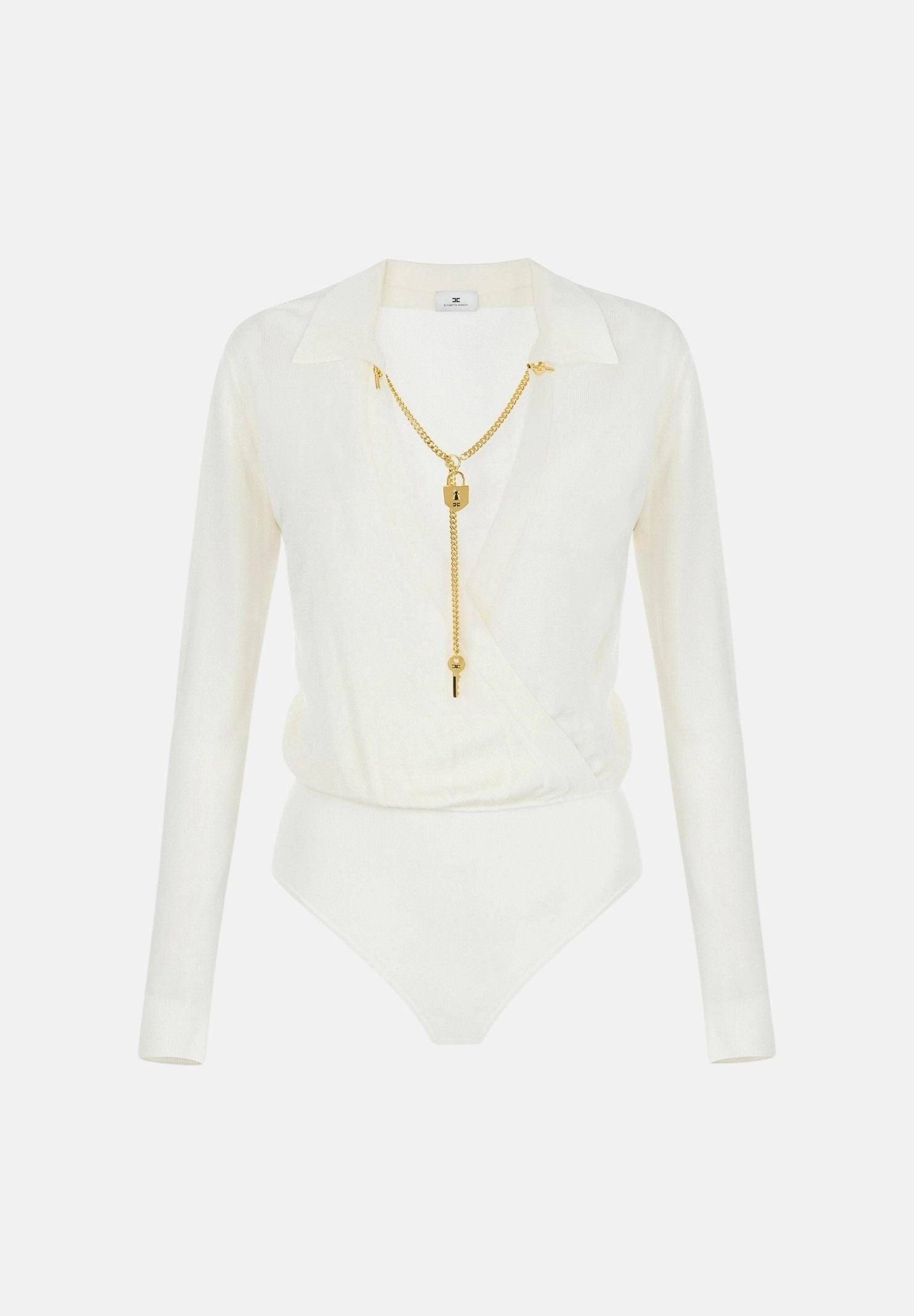 ELISABETTA FRANCHI Body in filato di viscosa burro-bianco da donna con catena gioiello<BR/> BK03S66E2 193 ELISABETTA FRANCHI 