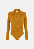ELISABETTA FRANCHI Body in filato di viscosa ambra-giallo ocra da donna con catena gioiello<BR/> BK03S66E2 940 ELISABETTA FRANCHI 