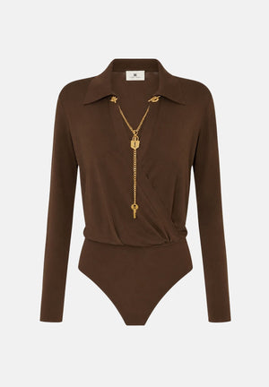 ELISABETTA FRANCHI Body in filato di viscosa sigaro-marrone da donna con catena gioiello<BR/> BK03S66E2 FK3 ELISABETTA FRANCHI 