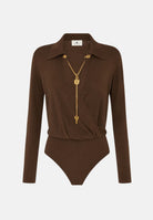 ELISABETTA FRANCHI Body in filato di viscosa sigaro-marrone da donna con catena gioiello<BR/> BK03S66E2 FK3 ELISABETTA FRANCHI 
