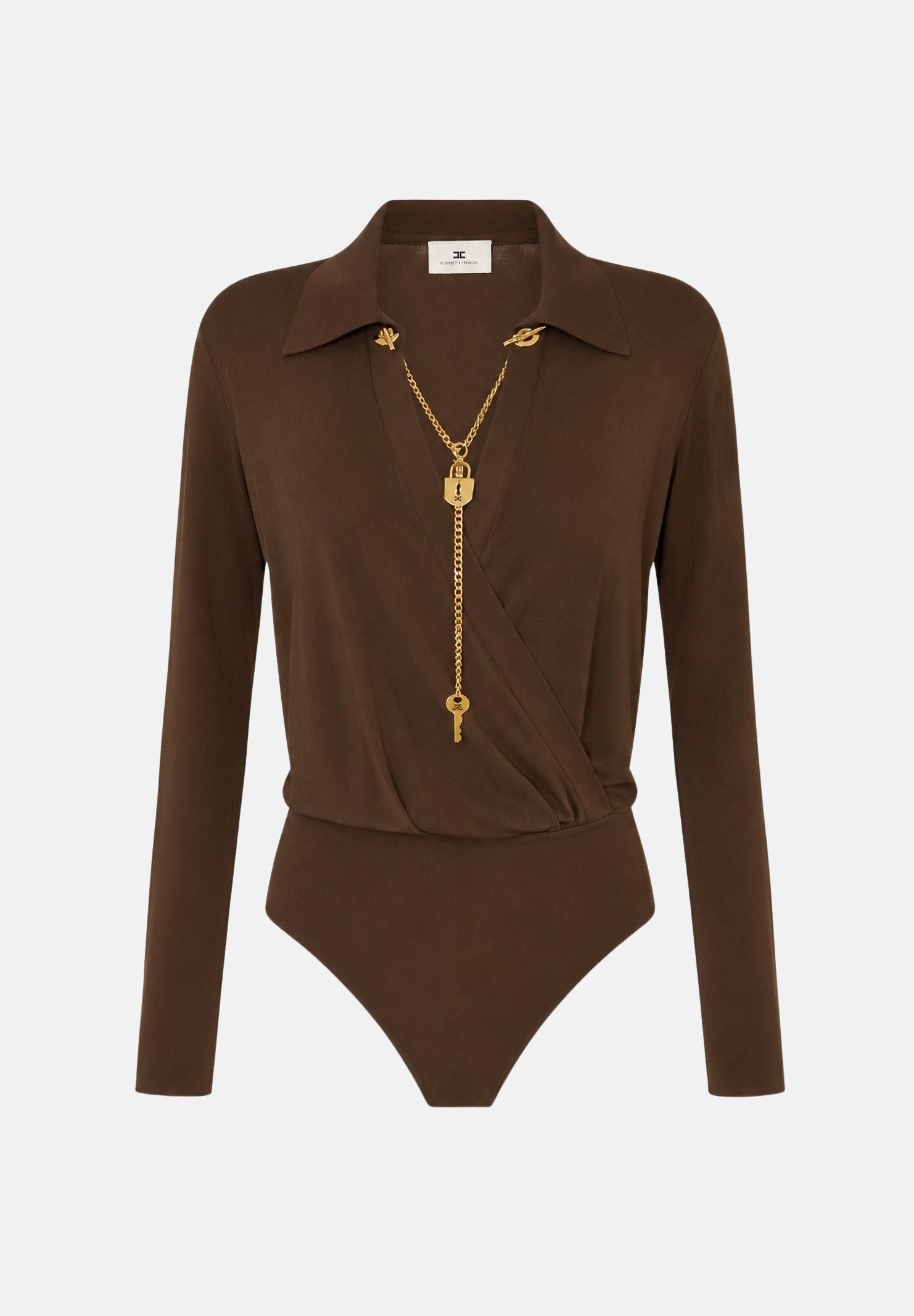 ELISABETTA FRANCHI Body in filato di viscosa sigaro-marrone da donna con catena gioiello<BR/> BK03S66E2 FK3 ELISABETTA FRANCHI 