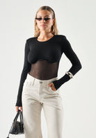 ELISABETTA FRANCHI Body BICOLORE in tulle nero da donna  con pannello semitrasparente.<BR/> BO02666E2 110 ELISABETTA FRANCHI 