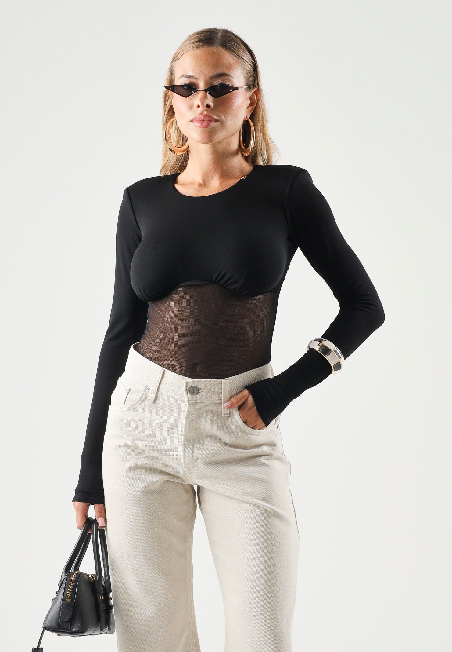 ELISABETTA FRANCHI Body BICOLORE in tulle nero da donna  con pannello semitrasparente.<BR/> BO02666E2 110 ELISABETTA FRANCHI 