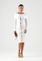 ELISABETTA FRANCHI Body avorio per donna con raffinate maniche lunghe, scollo rotondo e prezioso dettaglio gioiello centrale. BO04267E2 360 ELISABETTA FRANCHI 